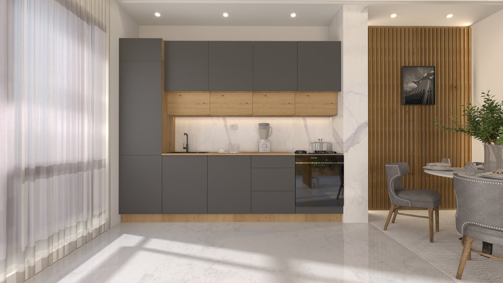 Nexa Küchenzeile KÜ06-L – Grau & Woodline – 300 cm – Moderne Familienküche mit Hochschrank und großzügigem Stauraum