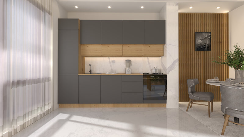 Nexa Küchenzeile KÜ06-L – Grau & Woodline – 300 cm – Moderne Familienküche mit Hochschrank und großzügigem Stauraum