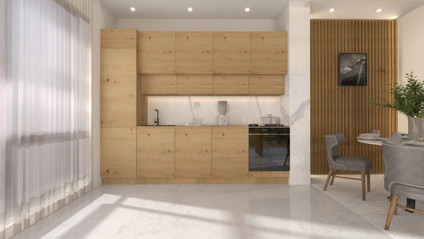 Nexa Küchenzeile KÜ06-L – Woodline – 300 cm – Moderne Familienküche mit Hochschrank und großzügigem Stauraum