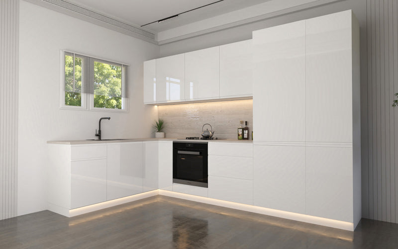 Velmora Winkelküche 310 × 190 cm KÜ-AS-005 – Moderne L-Küche ohne Arbeitsplatte – MDF Fronten – Weiß Hochglanz