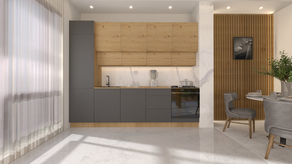 Nexa Küchenzeile KÜ06-L – Woodline & Grau – 300 cm – Moderne Familienküche mit Hochschrank und großzügigem Stauraum