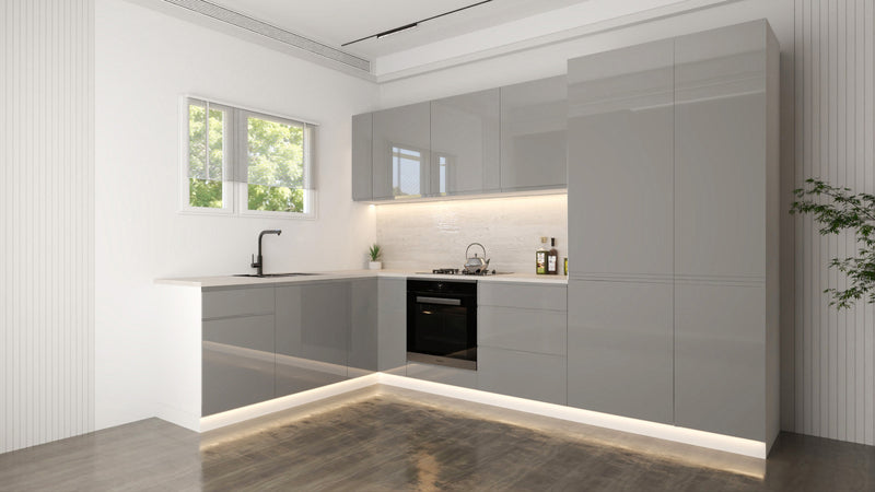 Velmora Winkelküche 310 × 190 cm KÜ-AS-005 – Moderne L-Küche ohne Arbeitsplatte – MDF Fronten – Grau Hochglanz