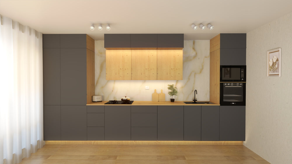 Nexa Küchenmöbel-Set KÜ03-L – Grau & Woodline – Stilvolle 460 cm Küchenlösung mit maximalem Stauraum und moderner Eleganz