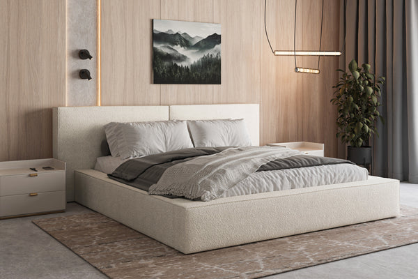 Polsterbett 06 Bouclé – Arena – Modernes Bett mit Bettkasten und Metall-Lattenrost