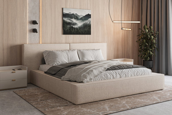 Polsterbett 06 Bouclé – Arena – Modernes Bett mit Bettkasten und Metall-Lattenrost
