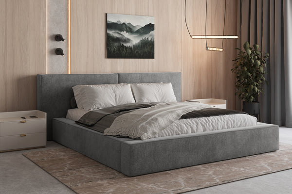 Polsterbett 06 Bouclé – Tresor – Bett mit Bettkasten, Metall-Lattenrost und modernem Design