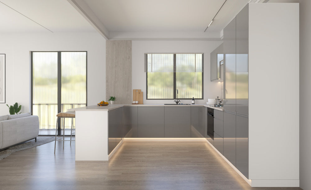 Velmora U-Form Küche KÜ-AS-010 – 310 × 289 × 210 cm – Grau Hochglanz – mit viel Stauraum und MDF-Fronten