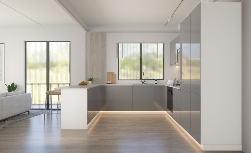 Velmora U-Form Küche KÜ-AS-010 – 310 × 289 × 210 cm – Grau Hochglanz – mit viel Stauraum und MDF-Fronten