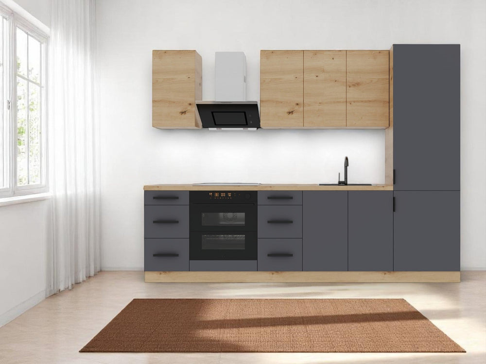 Küchenzeile K98-G280 – Nexa Grau-Woodline – Raumeffizienz mit