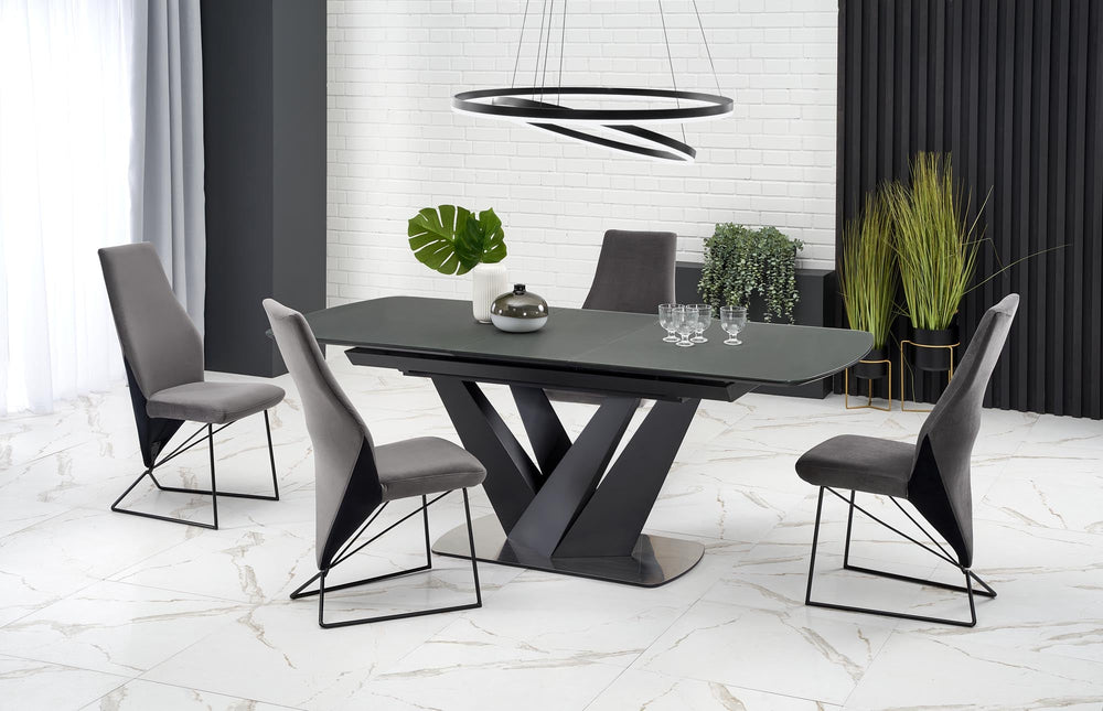 Esstisch PremiumLine – ausziehbar – Grau / Glas / Edelstahl.