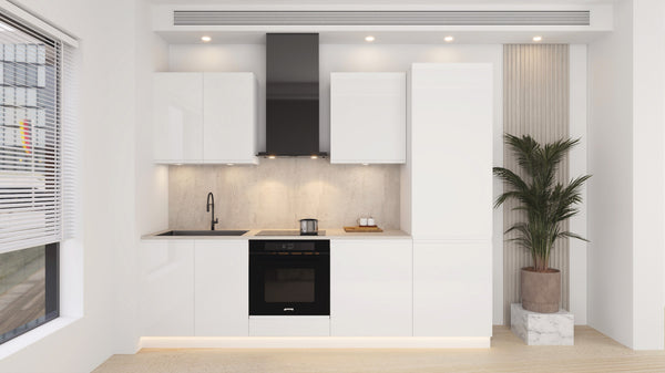 Küchenblock Velmora KÜ07 – 260 cm – Weiß Hochglanz – Moderne Küchenzeile ohne Arbeitsplatte