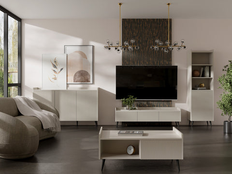 Ademo Wohnzimmer-Set 3-teilig mit Sideboard, Standregal schmal und Couchtisch im Raum – Kaschmir