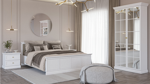 Livento Schlafzimmer-Set 4-teilig – Modernes Schlafkonzept in Opalweiß mit Spiegelschrank