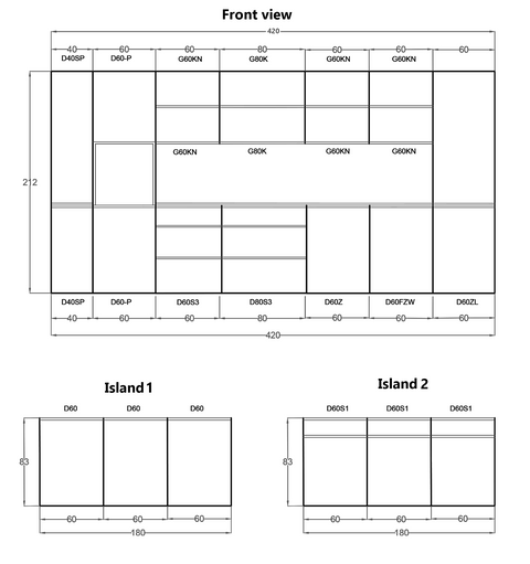 Inselküche Velmora Weiß Hochglanz – 420 cm + Insel 180 cm – KÜ-AS-018