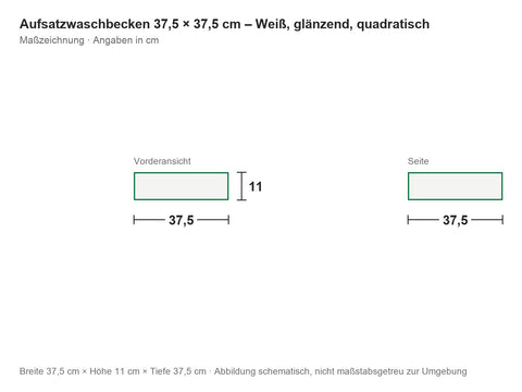 Aufsatzwaschbecken 37,5 × 37,5 cm – Weiß, glänzend, quadratisch – Maßzeichnung