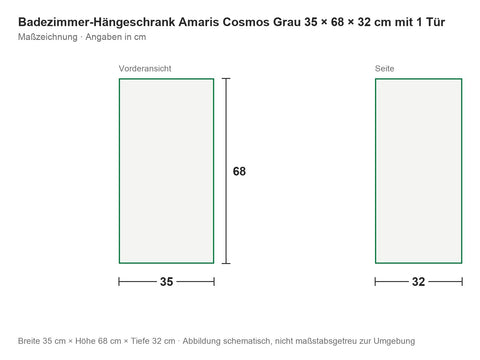 Badezimmer-Hängeschrank Amaris Cosmos Grau 35 × 68 × 32 cm mit 1 Tür – Maßzeichnung