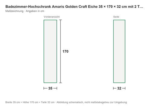 Badezimmer-Hochschrank Amaris Golden Craft Eiche 35 × 170 × 32 cm mit 2 Türen – Maßzeichnung