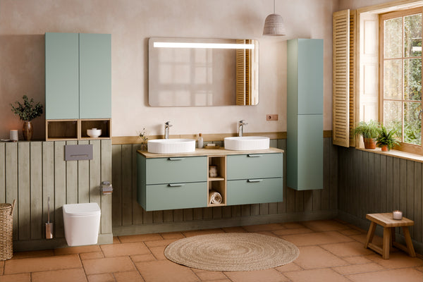 Badmöbel-Set Asteya Grün 60 cm – Waschbecken + Waschtischplatte + Waschbeckenunterschrank