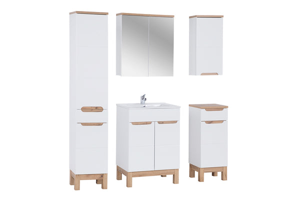 Badmöbel-Set Balvina Weiß 60 cm – Hochschrank + 2 × Hängeschrank + Spiegelschrank + Waschbeckenunterschrank mit Waschbecken