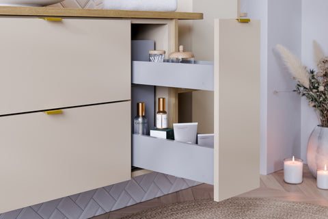 Badmöbel-Set Dalvira Kaschmir 100 cm – Waschtischplatte + Waschbeckenunterschrank + Hängeschrank – Ansicht 6