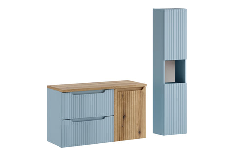Badmöbel-Set Novira Denimblau 100 cm – Waschtischplatte + Hängeschrank + Hochschrank – Ansicht 2