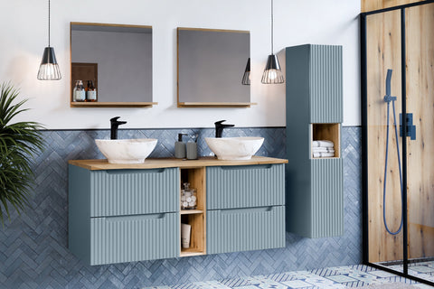 Badmöbel-Set Novira Denimblau 60 cm – Waschtischplatte + Waschbecken + Hochschrank