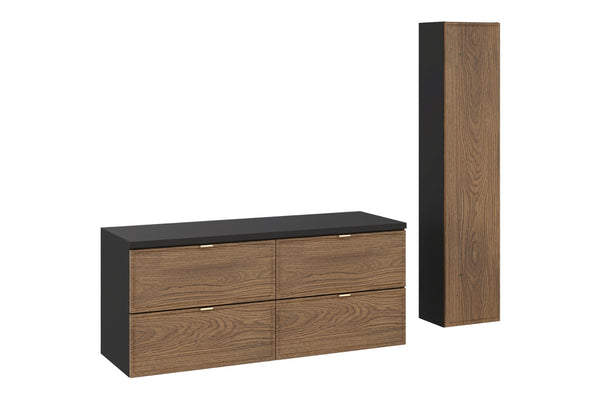 Badmöbel-Set Talvera Casella Eiche 120 cm – Hochschrank + 2 × Waschbeckenunterschrank + Waschtischplatte