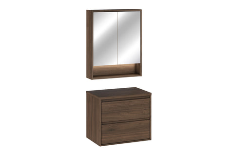 Badmöbel-Set Violetta Walnuss Villa 60 cm – Waschtischplatte + Spiegelschrank + Waschbeckenunterschrank – Ansicht 2