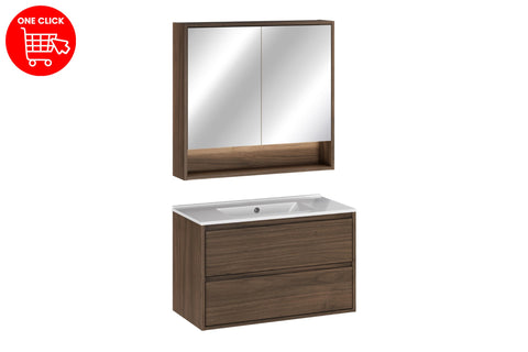 Badmöbel-Set Violetta Walnuss Villa 80 cm – Waschbecken + Spiegelschrank + Waschbeckenunterschrank – Ansicht 3