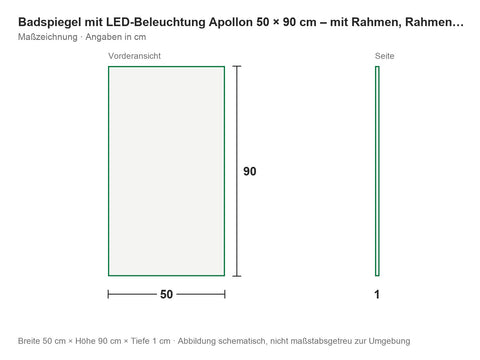 Badspiegel mit LED-Beleuchtung Apollon 50 × 90 cm – mit Rahmen, Rahmen Schwarz – Maßzeichnung
