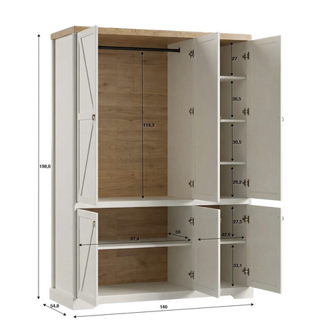 Bellmont Geräumiger 6-türiger Kleiderschrank im eleganten Landhausstil – Opalweiß / Cremona Eiche – Ansicht 6