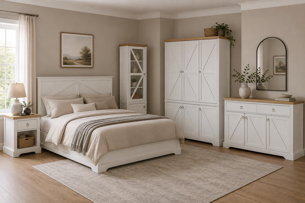 Bellmont Schlafzimmer-Set 5-teilig mit Bett 160 × 200 cm – Stilvolle Landhausmöbel in Opalweiß & Cremona Eiche