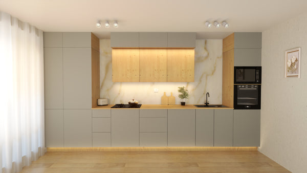 Nexa Küchenmöbel-Set KÜ03-L – Beige & Woodline – Stilvolle 460 cm Küchenlösung mit maximalem Stauraum und moderner Eleganz