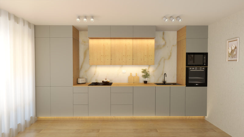 Nexa Küchenmöbel-Set KÜ03-L – Beige & Woodline – Stilvolle 460 cm Küchenlösung mit maximalem Stauraum und moderner Eleganz