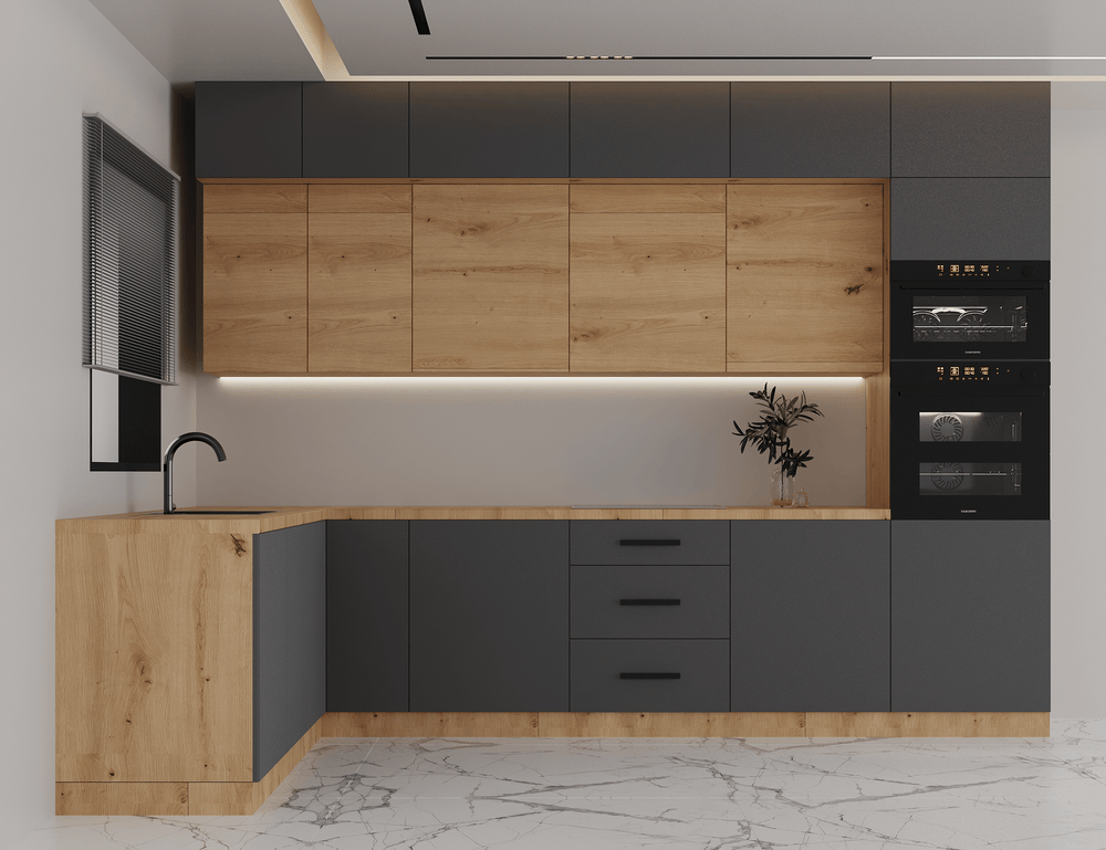 Winkelküche K105-G330 – Nexa Grau Woodline – Praktisch durchdacht für Ihr Zuhause