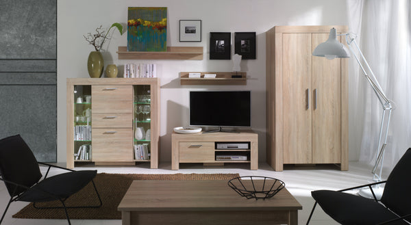 Cezar Wohnzimmer-Set 3-teilig mit Highboard-Vitrine, Kleiderschrank und TV-Lowboard – Sonoma Eiche