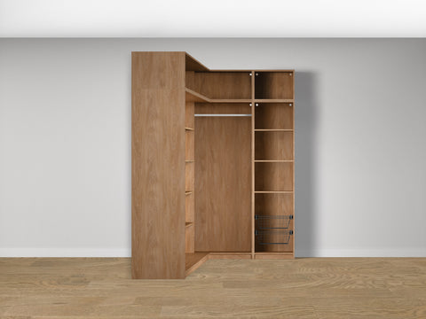 Combo Kleiderschrank-Set 22 – Eckkorpus links + S1D mit Kleiderstange und 2 Drahtkörben – Puccini Eiche