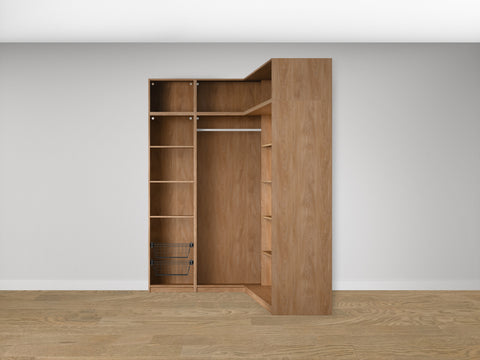 Combo Kleiderschrank-Set 23 – Eckkorpus rechts + S1D mit Kleiderstange und 2 Drahtkörben – Puccini Eiche