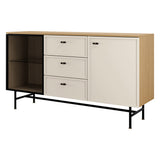 Elora Sideboard 150 cm mit 1 Glastür, 1 Tür und 3 Schubladen – Frühlingseiche / Macadamia