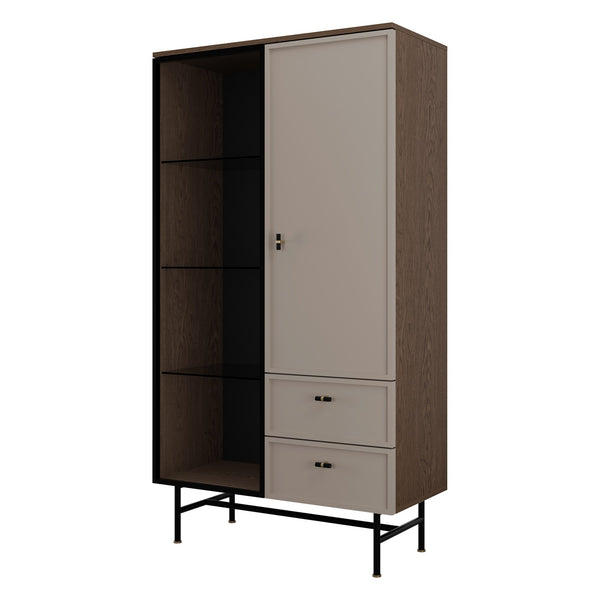 Elora Vitrine 90 cm mit 1 Glastür, 1 Tür und 2 Schubladen – Baltic Storm / Toffee