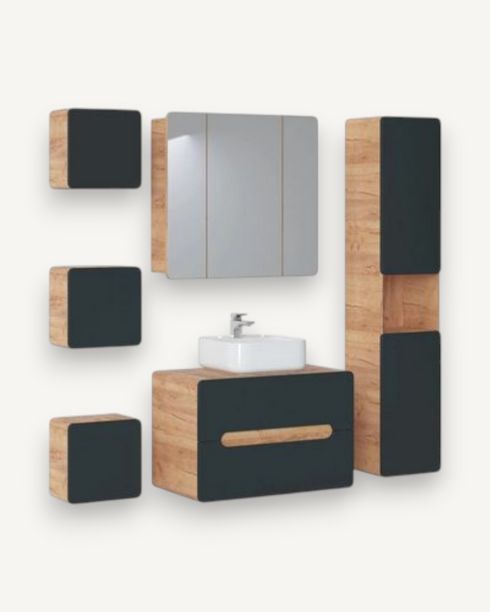 Badmöbel-Set – Ideal für moderne Badezimmer, (Komplett Set, 6-St., Premium – Aruba Cosmos I), Premium Materialien – Elegantes Design – Exzellent
