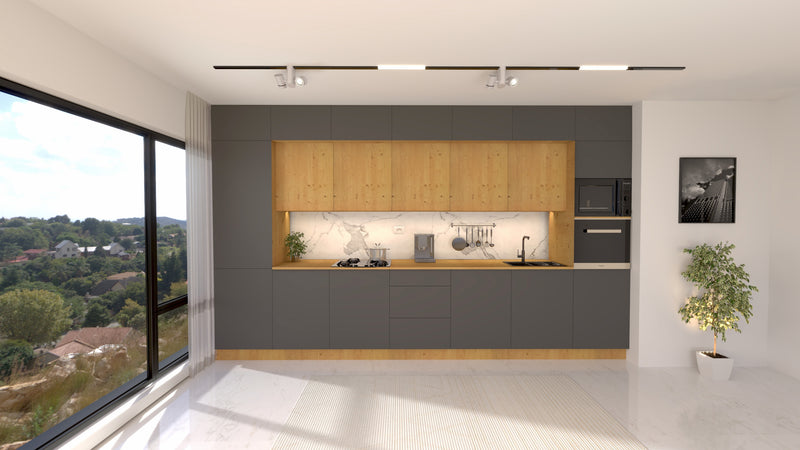Nexa Küchenzeile KÜ05-L – Grau & Woodline – 420 cm – Großzügige Designküche mit maximalem Stauraum