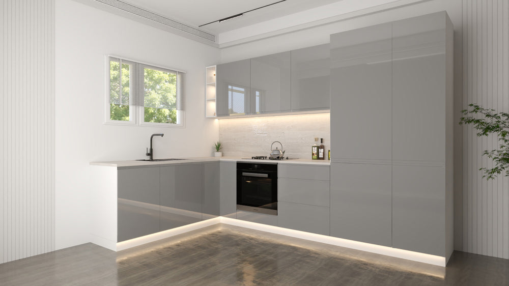 Velmora Winkelküche 300 × 185 cm KÜ04 – Moderne L-Küche ohne Arbeitsplatte – MDF Fronten – Grau Hochglanz