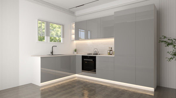 Velmora Winkelküche 300 × 185 cm KÜ04 – Moderne L-Küche ohne Arbeitsplatte – MDF Fronten – Grau Hochglanz