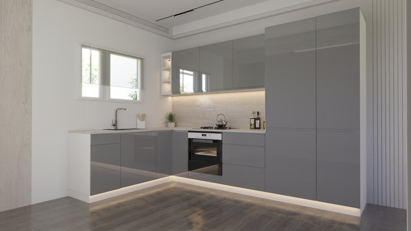 Velmora Winkelküche 300 × 180 cm KÜ05 – Moderne L-Küche ohne Arbeitsplatte – MDF Fronten – Grau Hochglanz