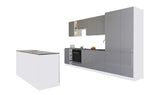 Velmora Inselküche KÜ-AS-011 – 340 cm – Grau Hochglanz – Moderne Einbauküche mit Kochinsel