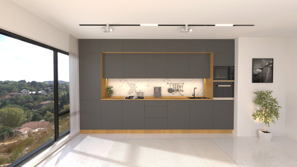 Nexa Küchenzeile KÜ05-L – Grau – 420 cm – Großzügige Designküche mit maximalem Stauraum