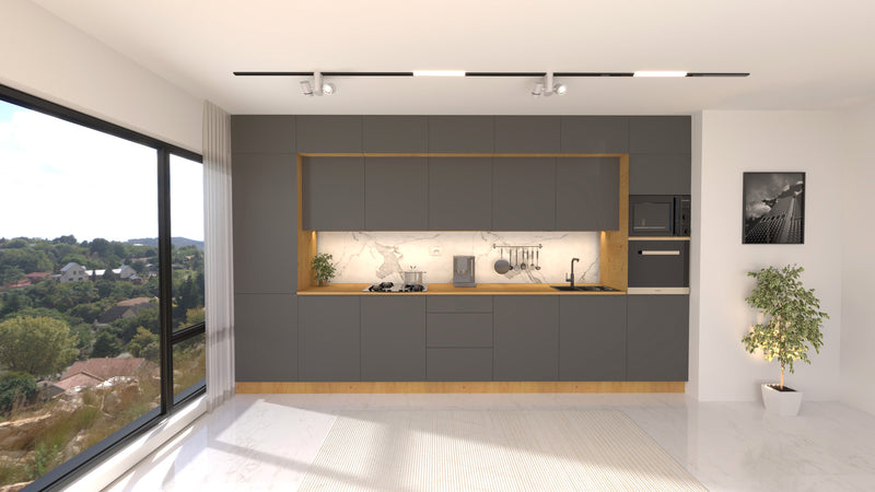 Nexa Küchenzeile KÜ05-L – Grau – 420 cm – Großzügige Designküche mit maximalem Stauraum