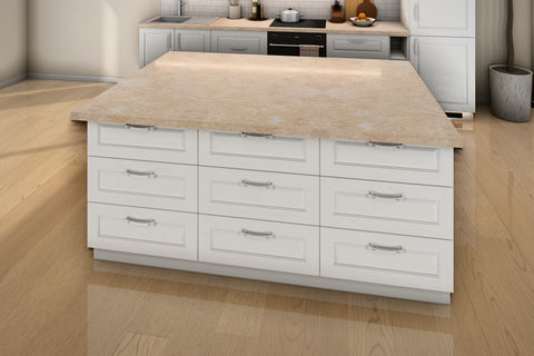 Inselküche Sycylia Weiß Creme – 340 cm + Insel 180 cm – K29-G340 – Kücheninsel von der Raumseite