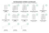 Set-Bestandteile mit Maßen und Stückzahl – Inselküche Velmora Weiß Hochglanz – 360 cm + Insel 180 cm – KÜ-VELM-021